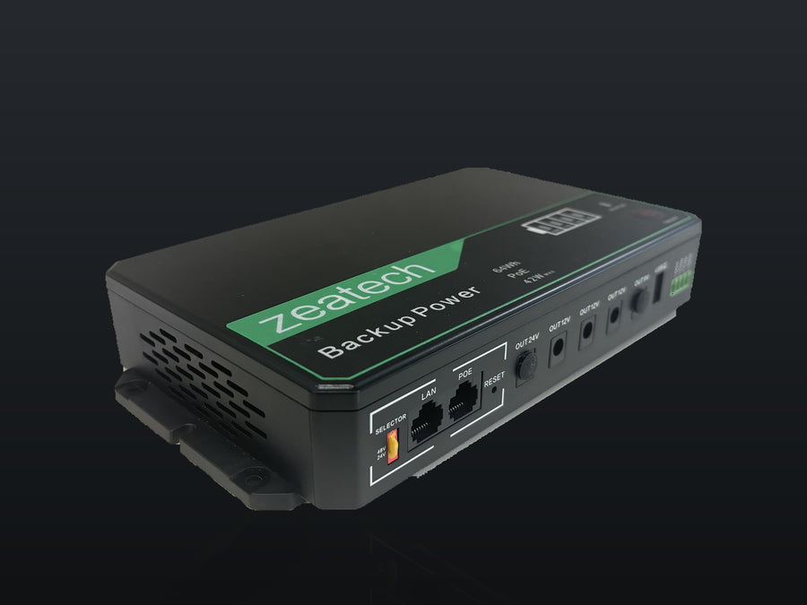 Zeatech ZP-64Wh mini UPS battery backup with PoE injector and multi-voltage DC outputs